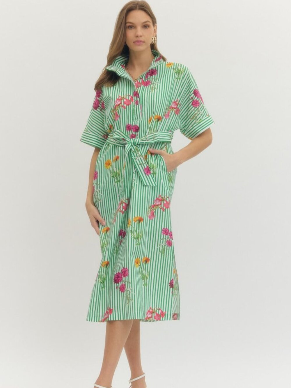 Entro Floral Stripe Short Sleeve Midi Dress